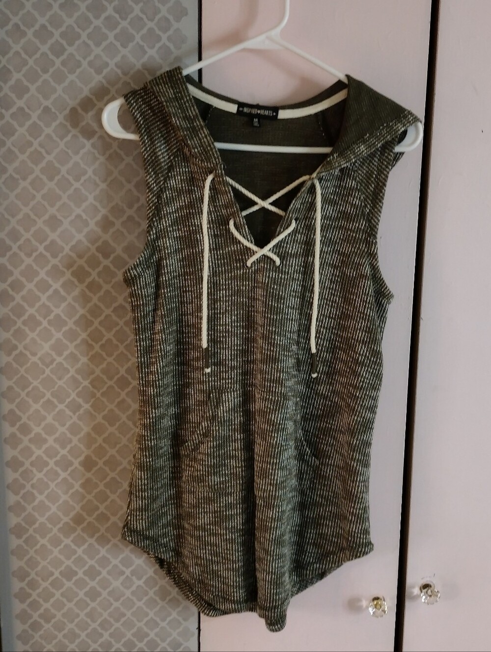 Inspired Hearts Ribbed Sleeveless Lace-Up Hooded Tank Top - Olive Green